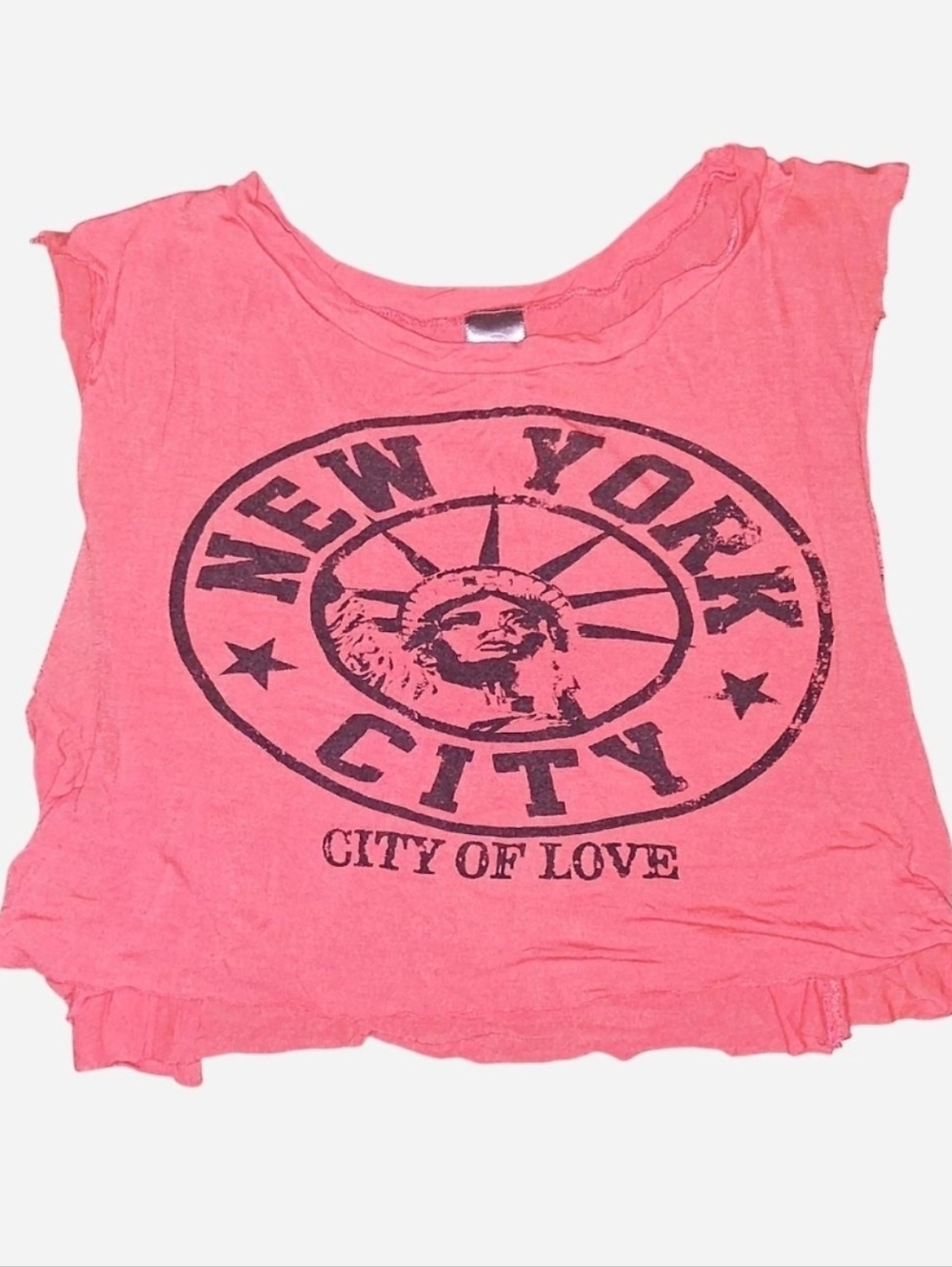 S | "conquer the beauty" "NYC city of love" raw hem peach orange muscle tank